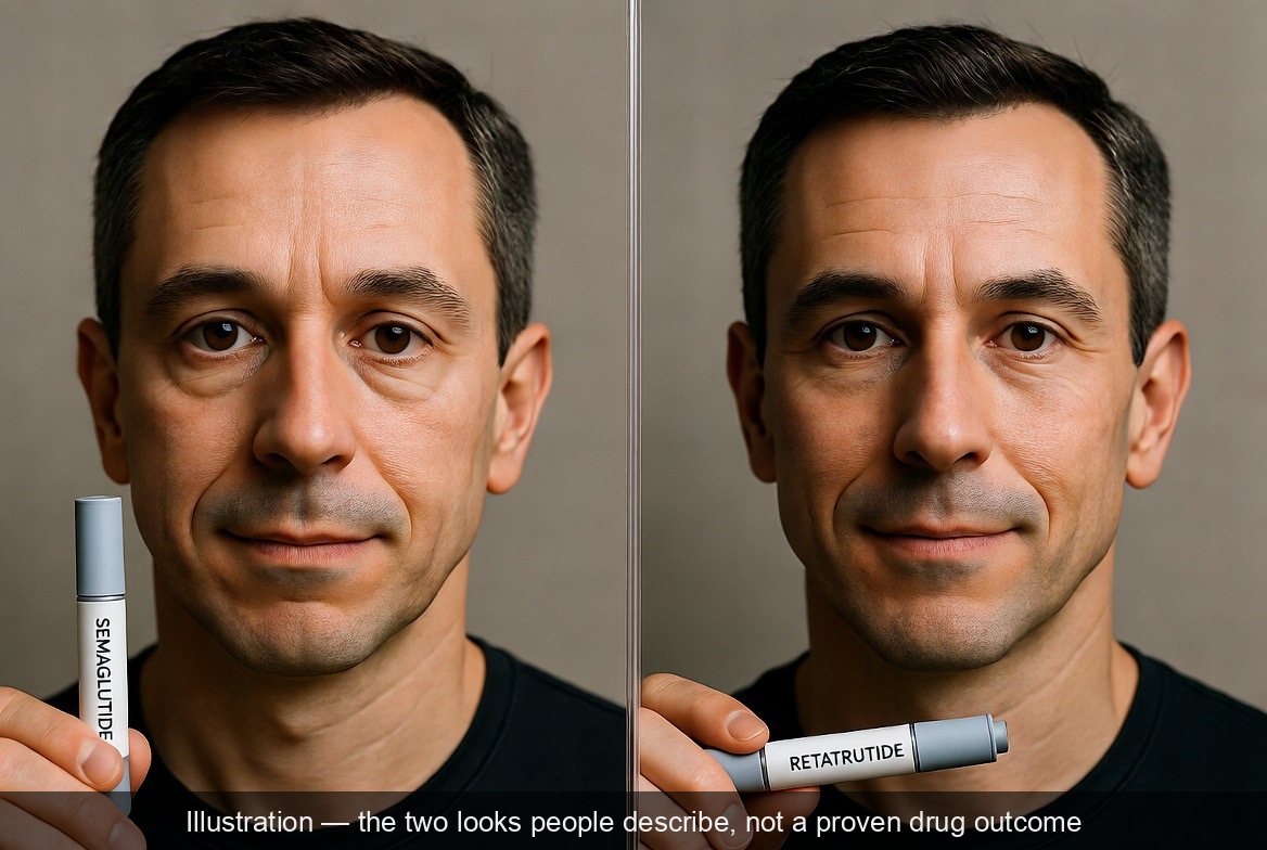 Split-screen illustration of the same man's face: on the left holding a labeled SEMAGLUTIDE injection pen and looking deflated and tired, on the right holding a labeled RETATRUTIDE pen and looking rested and defined &mdash; contrasting the gaunt Ozempic face against the retatrutide snatched look, captioned as an illustration of the two looks people describe, not a proven drug outcome
