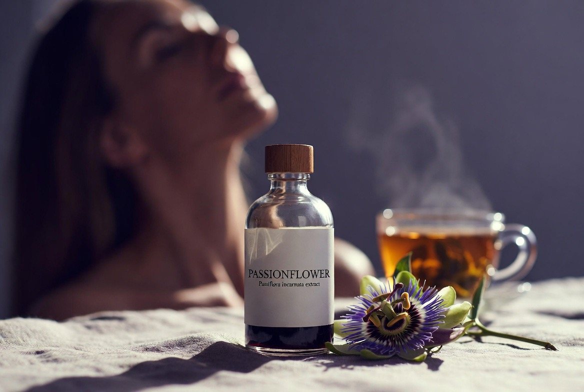 A single intricate purple-and-white passionflower (Passiflora incarnata) bloom on the vine beside an amber glass dropper bottle of passionflower tincture labeled PASSIFLORA on a wooden surface — the traditional calming herb studied for anxiety and sleep