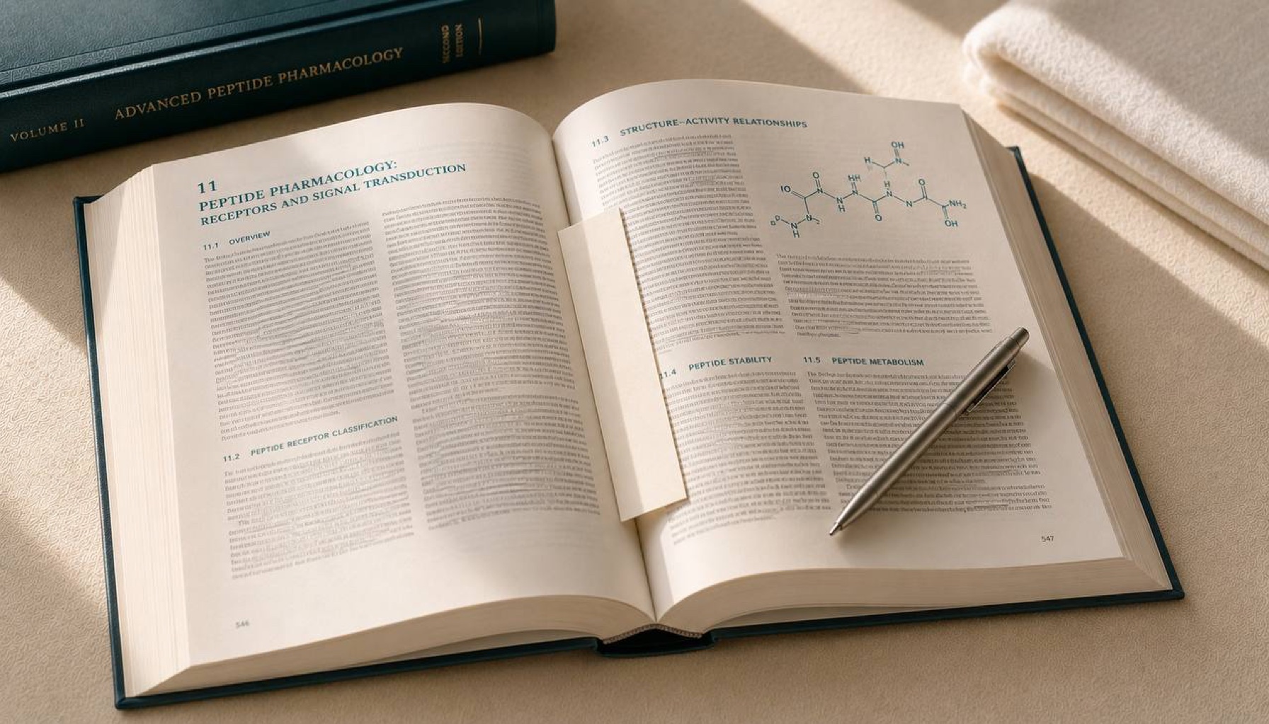 Open peptide pharmacology reference textbook with molecular structure diagram on cream linen — BPC-157, TB-500, GHK-Cu, semaglutide profiles