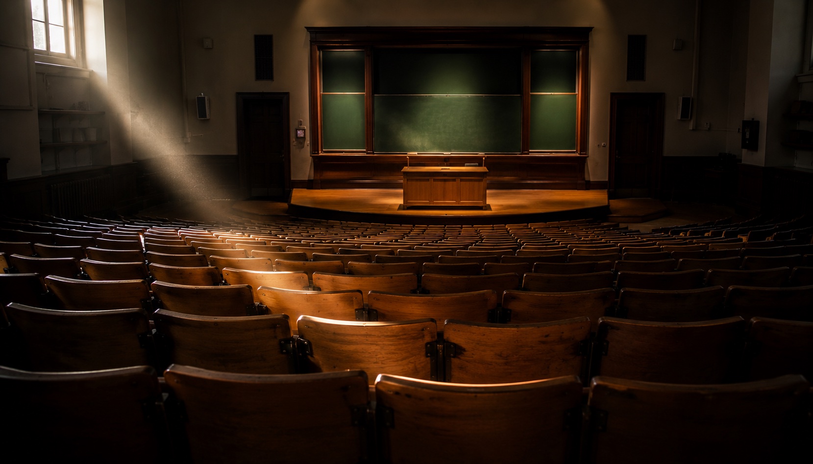 An empty wood-paneled medical-school lecture hall photographed from the back row, with rows of unoccupied seats facing a blank chalkboard &mdash; representing the curriculum gap behind why most physicians don't prescribe peptides