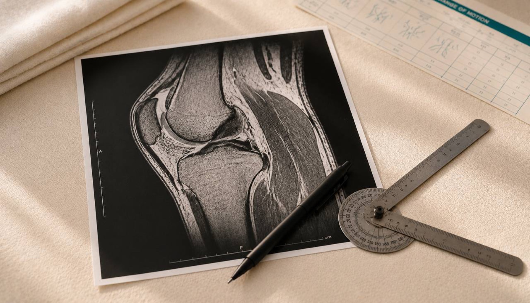 Clinical MRI imaging film with goniometer and range-of-motion chart on cream linen — tendon, joint, BPC-157 and TB-500 healing protocols