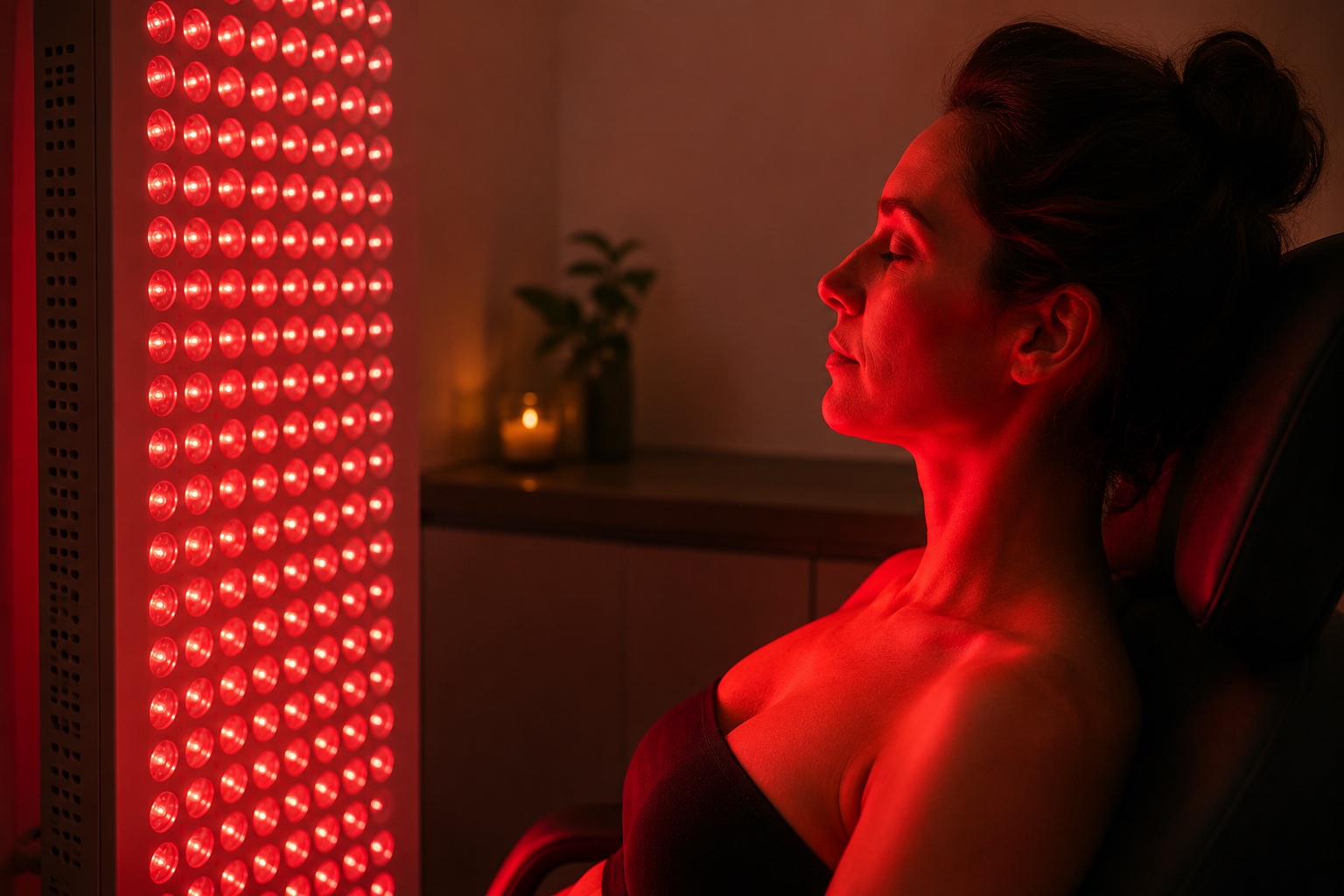 A woman seated beside a glowing red-light-therapy LED panel, her skin bathed in deep red light in a calm spa setting