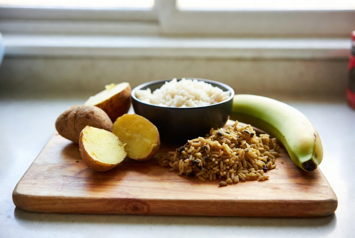 Cooked-and-cooled white rice, boiled potatoes, and a green banana on a kitchen surface — common food sources of resistant starch