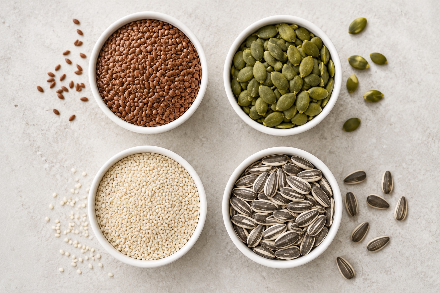 Four white bowls of seeds — brown flaxseed, green pumpkin seeds, pale sesame and striped sunflower seeds — the four seeds used in the seed-cycling trend