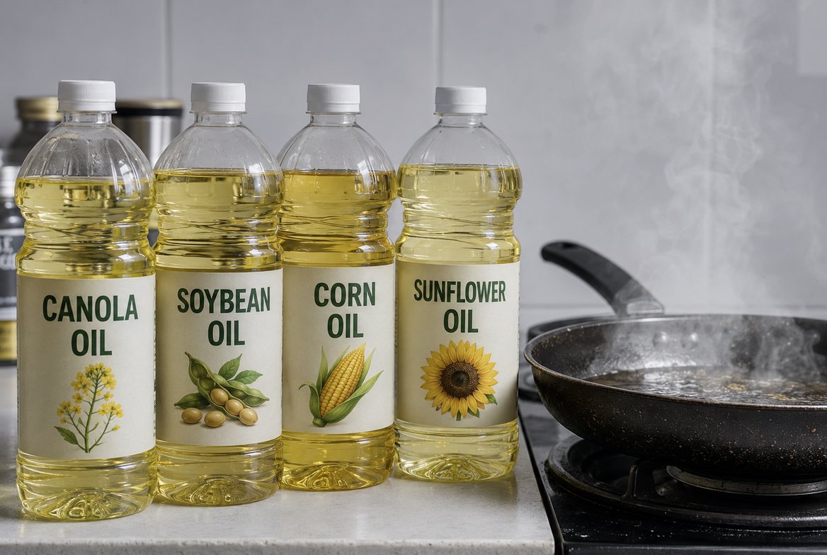 Four labeled industrial seed oil bottles — canola, soybean, corn, and sunflower oil — on a kitchen counter beside a hot smoking frying pan, illustrating the high-heat oxidation problem with polyunsaturated seed oils