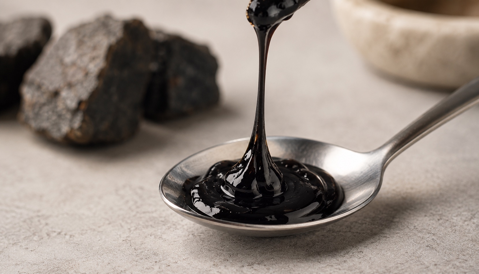 Glossy black shilajit resin dripping onto a steel spoon beside raw mineral shilajit rock — shilajit for testosterone, free testosterone, and fulvic-acid mitochondrial energy support