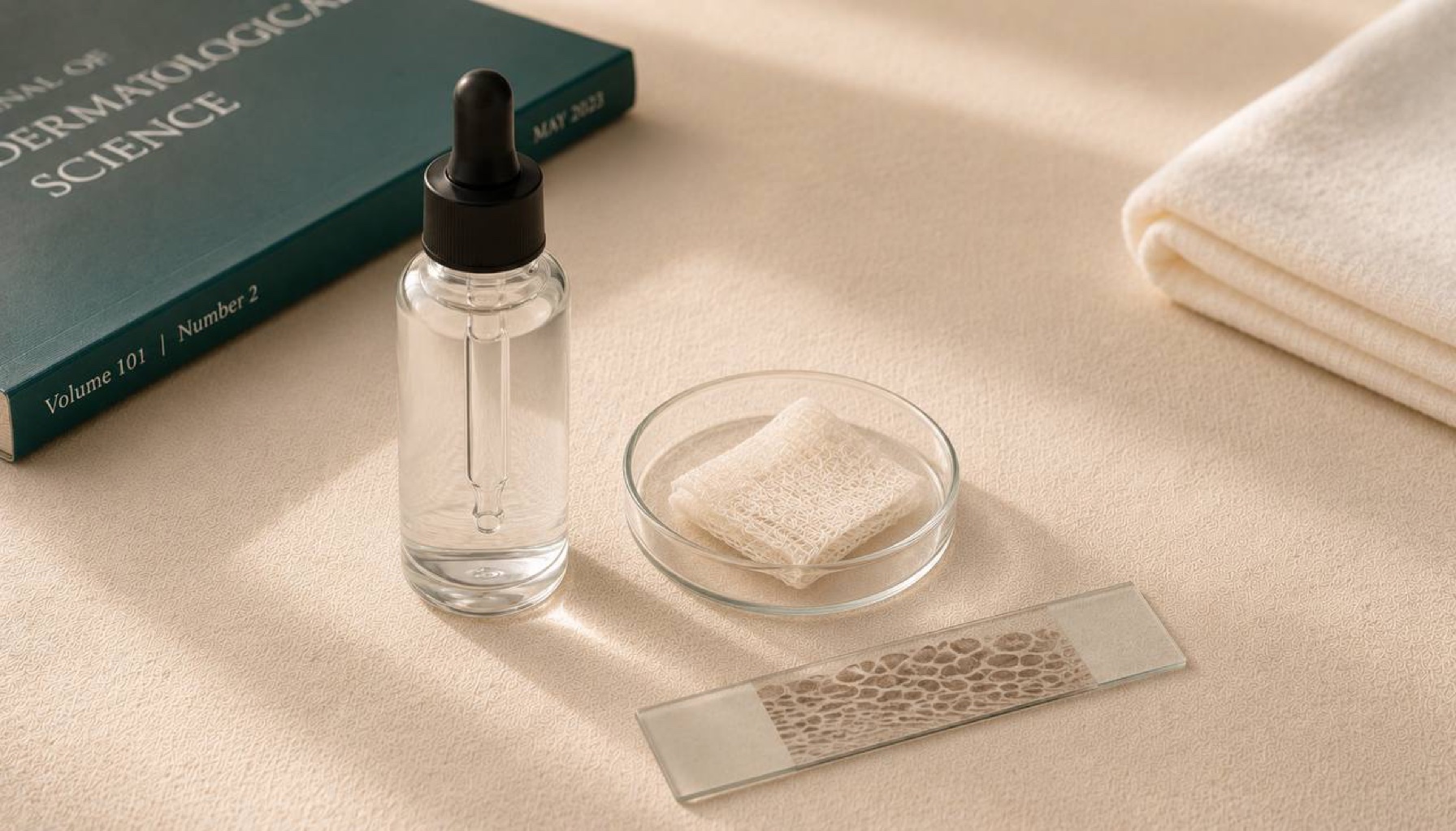 Clear glass dropper bottle, petri dish with collagen fibers, and microscope slide on cream linen — GHK-Cu, retinoids, peptide cosmetics research
