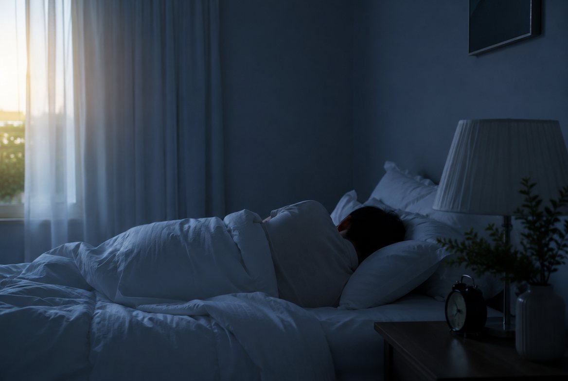 A person sleeping peacefully in a calm, dark bedroom with soft morning light beginning to edge around the curtains — restful extended sleep before an anticipated stretch of sleep deprivation, the idea behind sleep banking