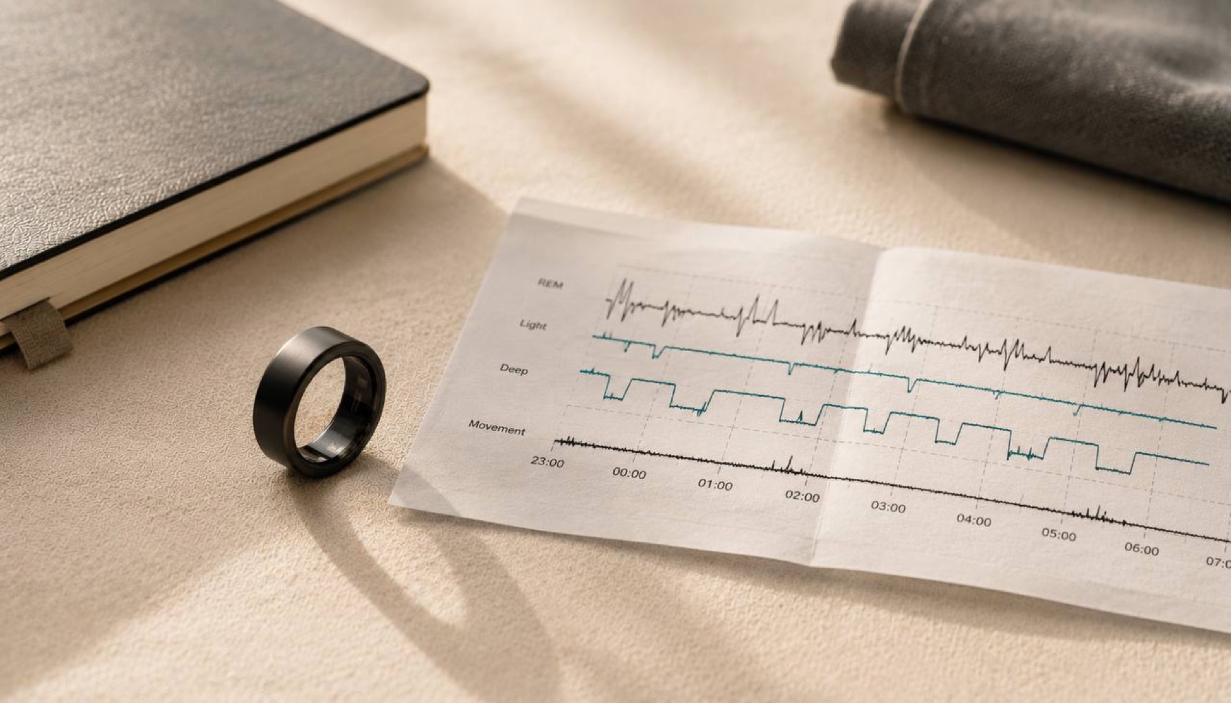 Sleep-tracking ring and sleep-architecture graph printout on cream linen — REM, deep, and light sleep cycles