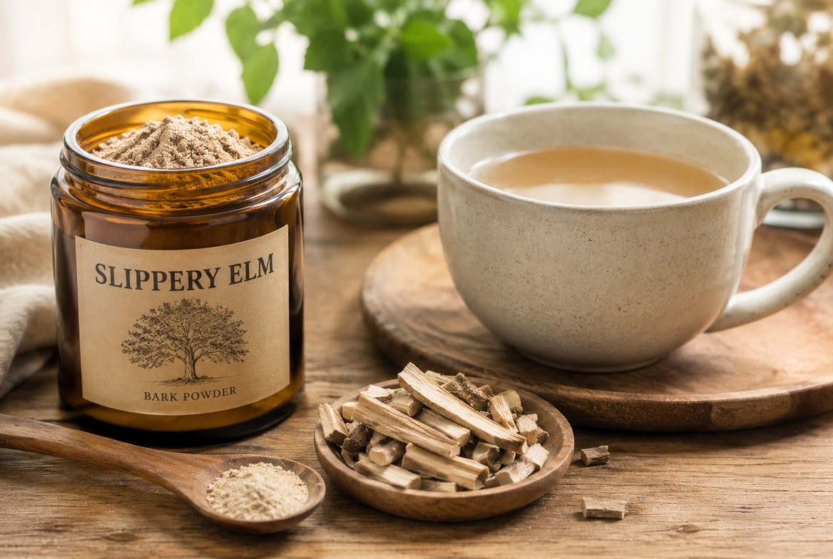 A labeled amber jar of pale slippery elm bark powder, a spoon of the powder, and a dish of dried elm bark chips beside a mug of cloudy, mucilage-rich herbal tea on a wooden kitchen counter &mdash; classic demulcent herbs used to coat and soothe the throat and gut lining