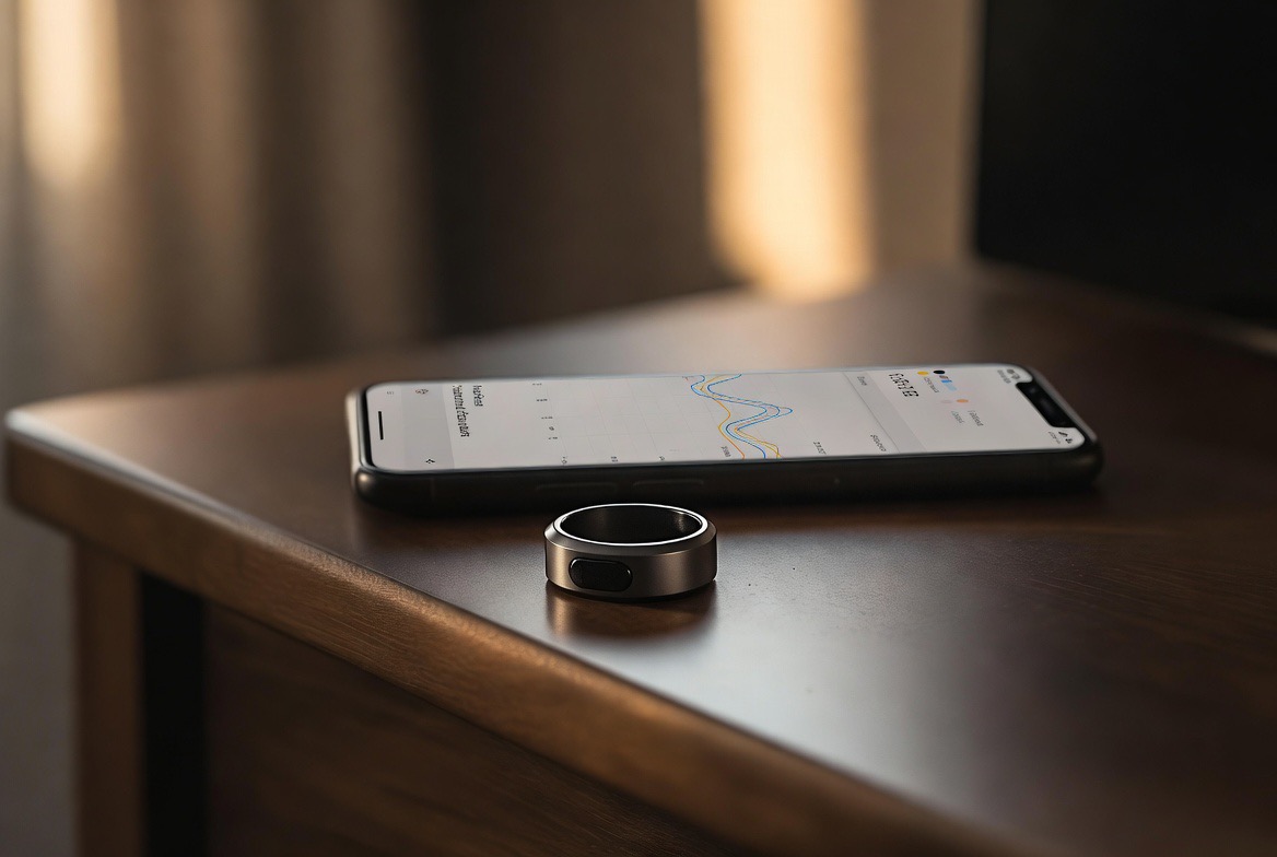 A smart ring on a finger beside a phone displaying the night's sleep and readiness data — the ring is the clear visual anchor