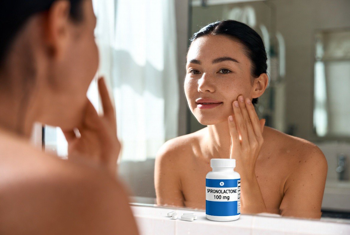 A young woman examining her clear skin in a bathroom mirror, touching her cheek, with a labeled SPIRONOLACTONE 100 mg pill bottle and two white tablets on the counter in front of her — the off-label anti-androgen used for adult female acne