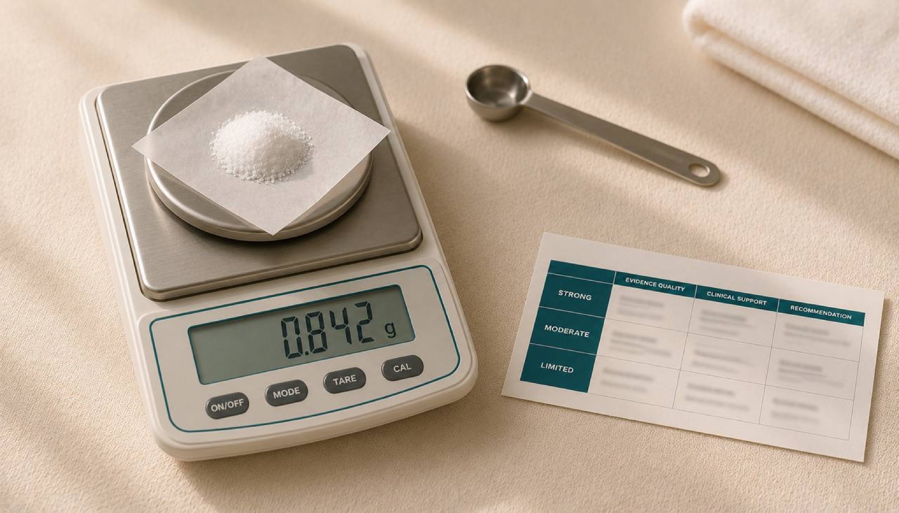 Precision milligram lab scale with weighed white powder and evidence-tier comparison card on cream linen — creatine, magnesium, NAD+ supplement database