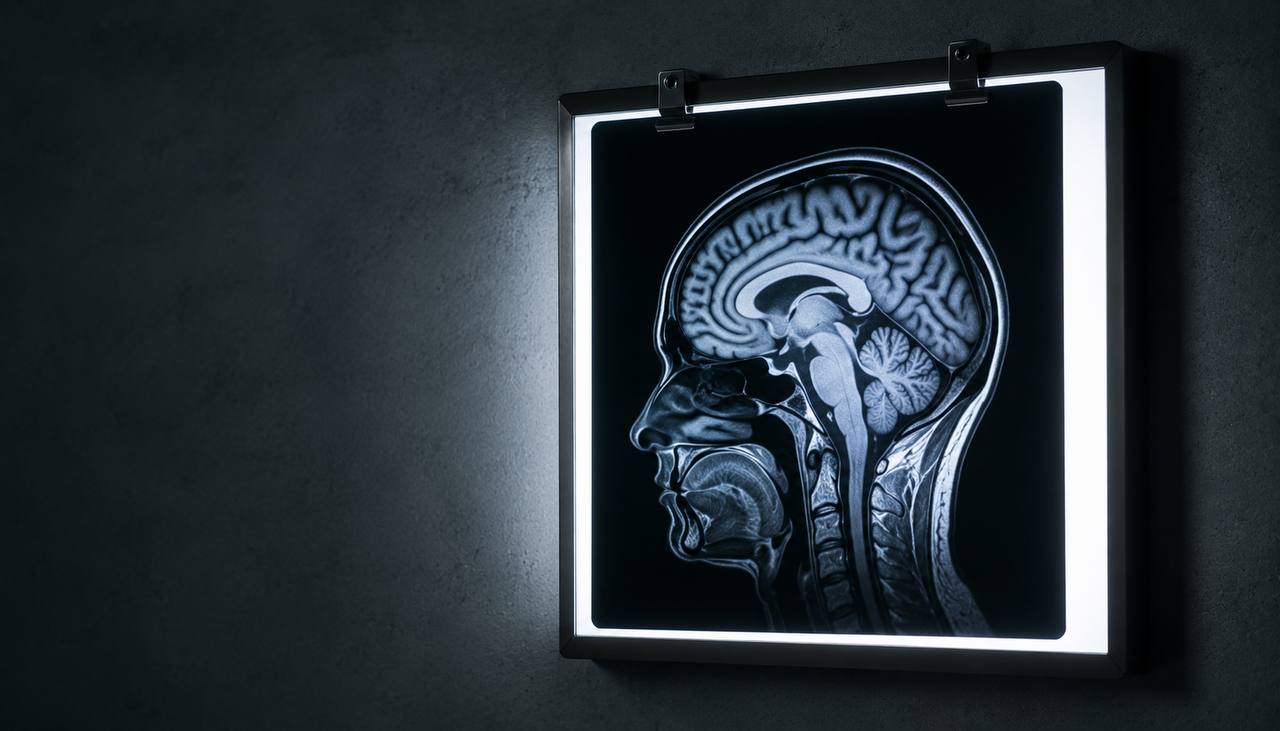 MRI brain scan showing glioblastoma research context — testosterone HPA axis study