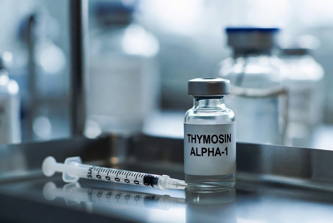 A small clear glass peptide vial beside a reconstitution syringe on a clean, softly lit clinical surface &mdash; representing thymosin alpha-1, an injectable immune-modulating peptide approved abroad and compounded on the grey market in the US
