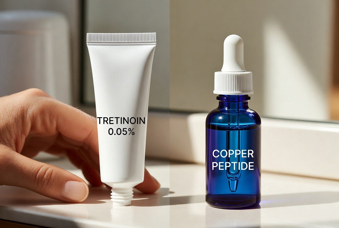 A head-to-head skincare comparison: a white tretinoin prescription cream tube on the left and a cobalt-blue copper-peptide serum dropper bottle on the right, set apart on a clean pale surface with a soft dividing line between them