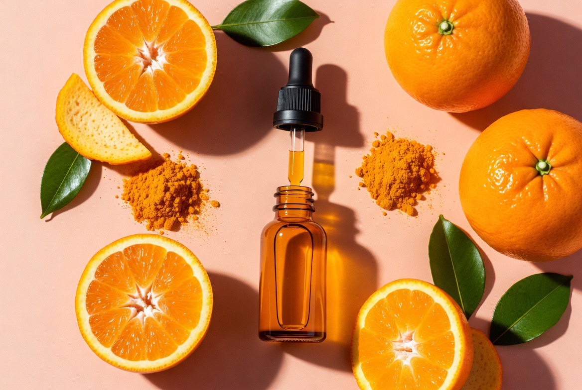 An amber glass dropper bottle of pale vitamin C serum on a clean surface beside fresh sliced oranges and whole citrus, the recognizable source of ascorbic acid
