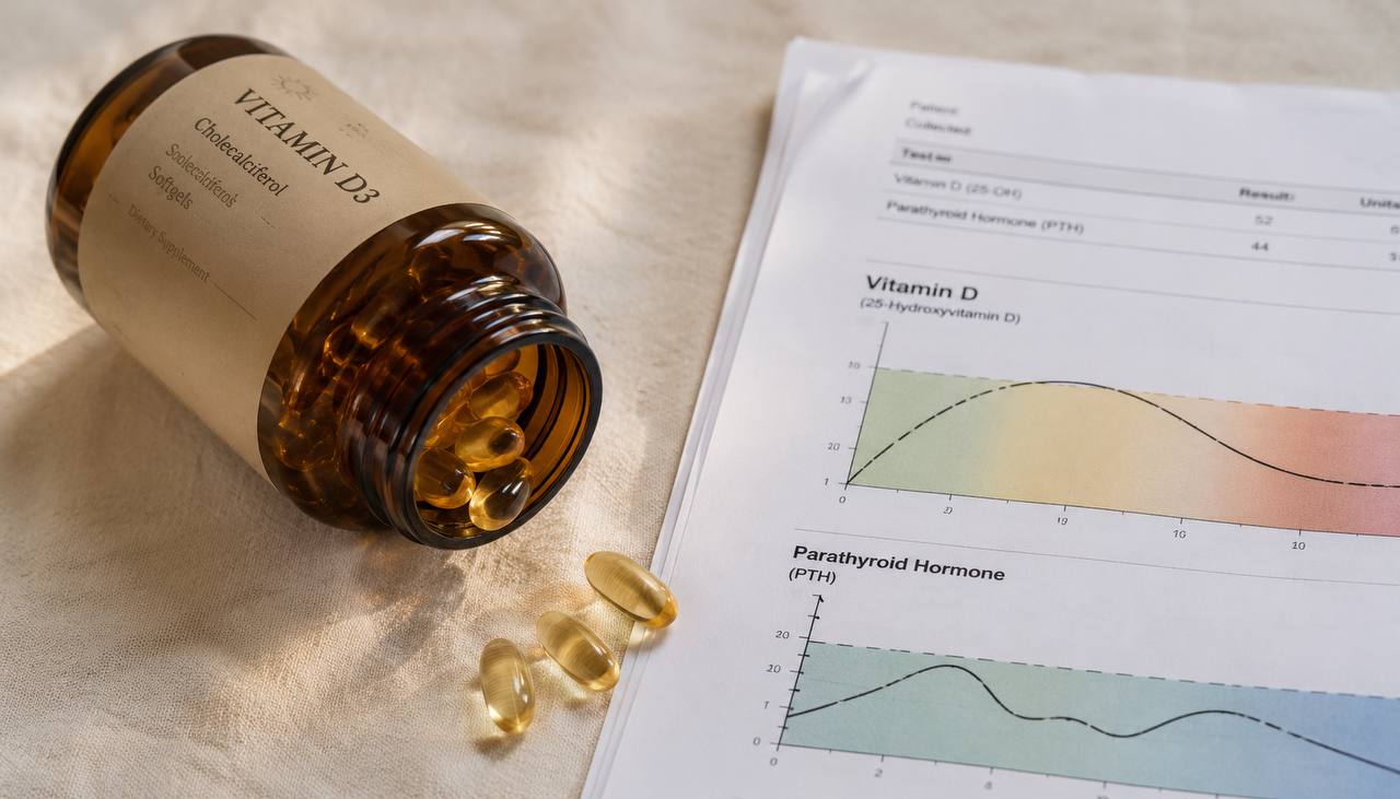 Amber vitamin D3 softgel supplement bottle tipped on cream linen with golden capsules and a folded lab printout