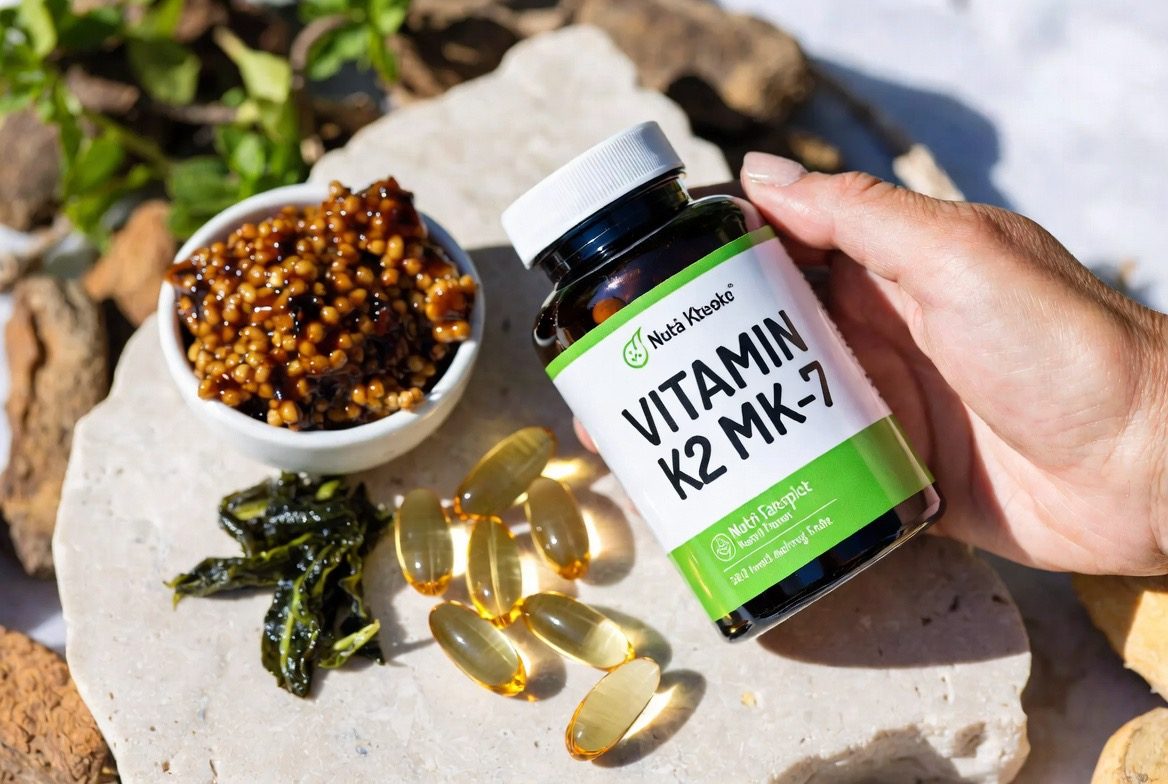 A hand holding a supplement bottle labelled VITAMIN K2 MK-7, with golden softgel capsules beside a bowl of fermented natto and fresh leafy greens, the natural food sources of menaquinone
