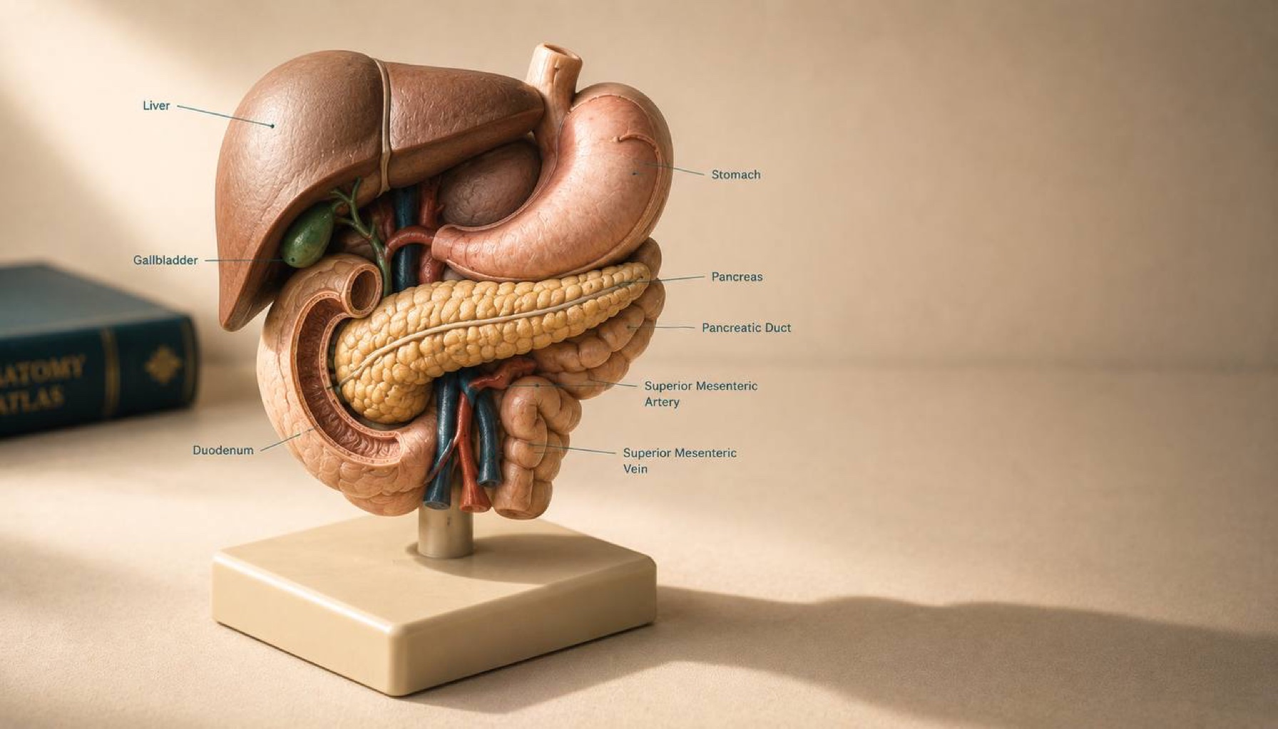 Medical-grade anatomical torso model showing pancreas, liver, and digestive tract on cream linen — weight, metabolic, GLP-1, insulin resistance research