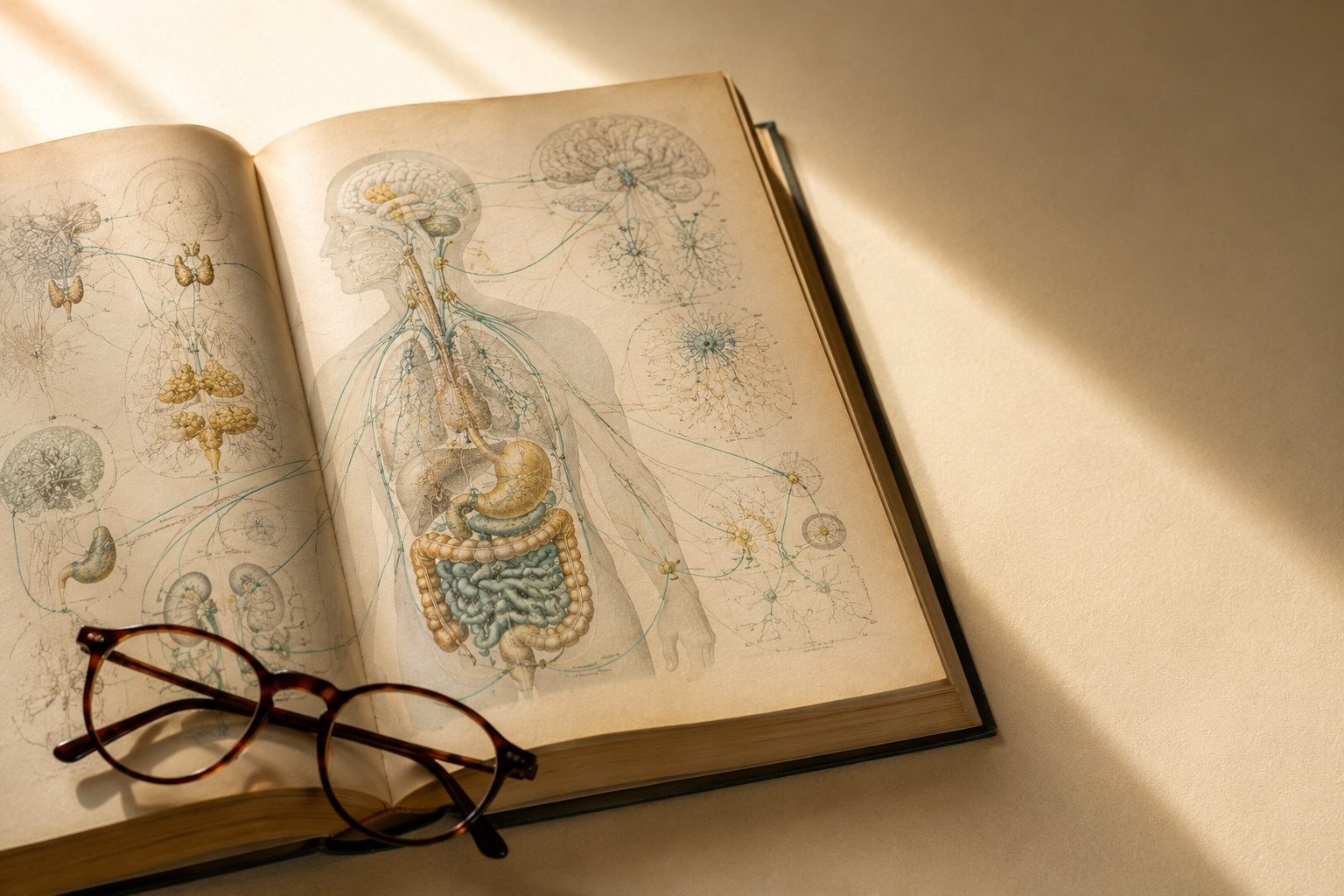Open vintage anatomical atlas showing endocrine, lymphatic, and digestive systems in teal and gold ink, with tortoise-shell reading glasses on a warm cream surface — Wellness Radar