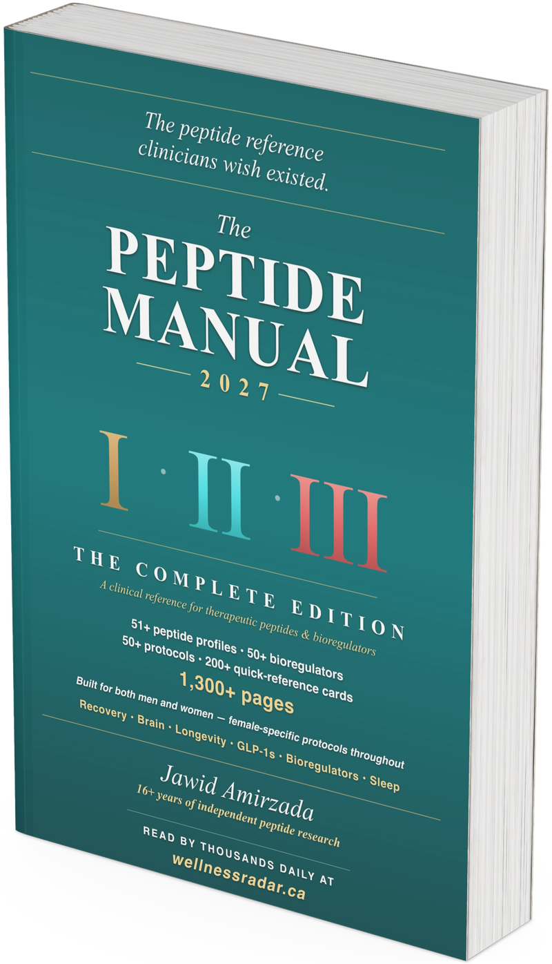 The Peptide Manual 2027 — 1,300+ page peptide and bioregulator reference with women-specific protocols, 3D paperback view